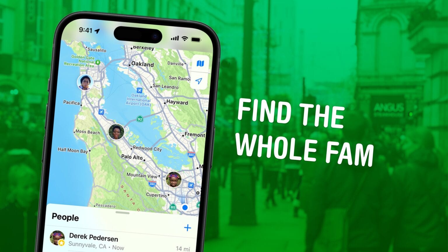 Image of Find My location sharing on iPhone with a crowded city street, captioned “Find The Whole Fam”