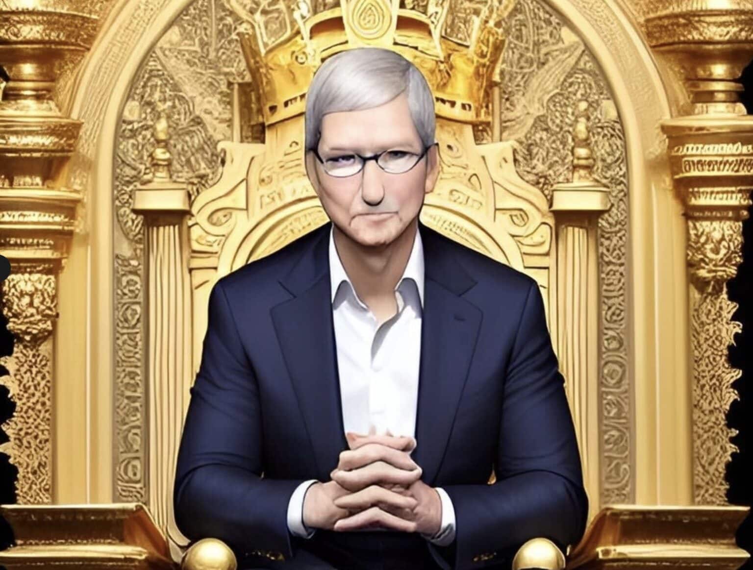 AI-generated image of Apple CEO Tim Cook sitting on an ornate golden throne.