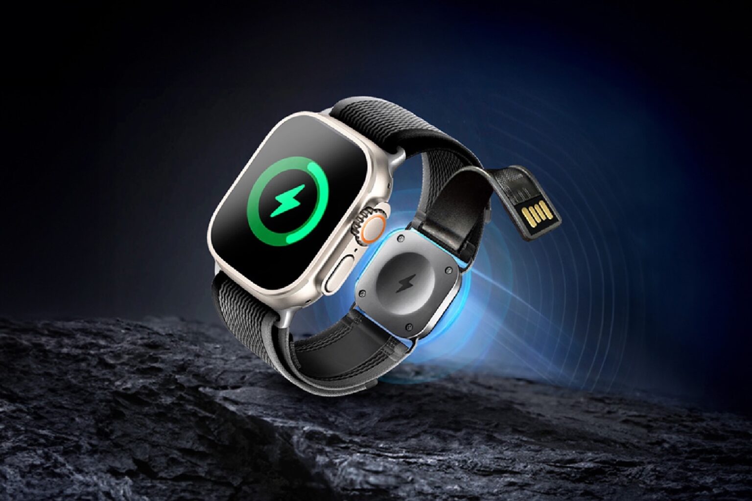 Product shot of PowerBand, an Apple Watch band with built-in magnetic charger