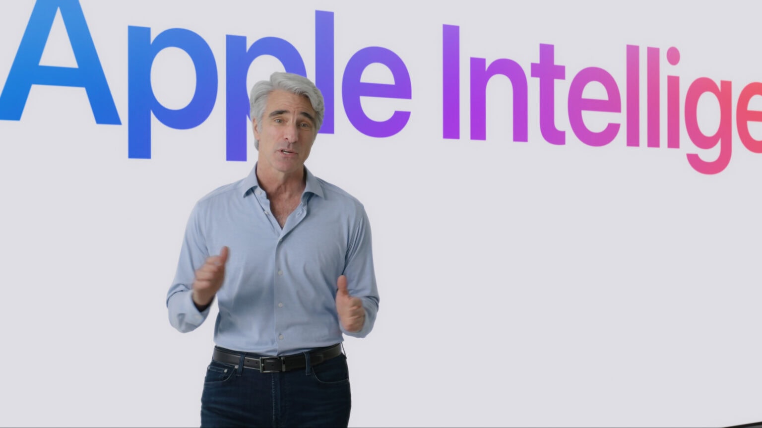 Apple software chief Craig Federighi introduces Apple Intelligence during the WWDC24 keynote.