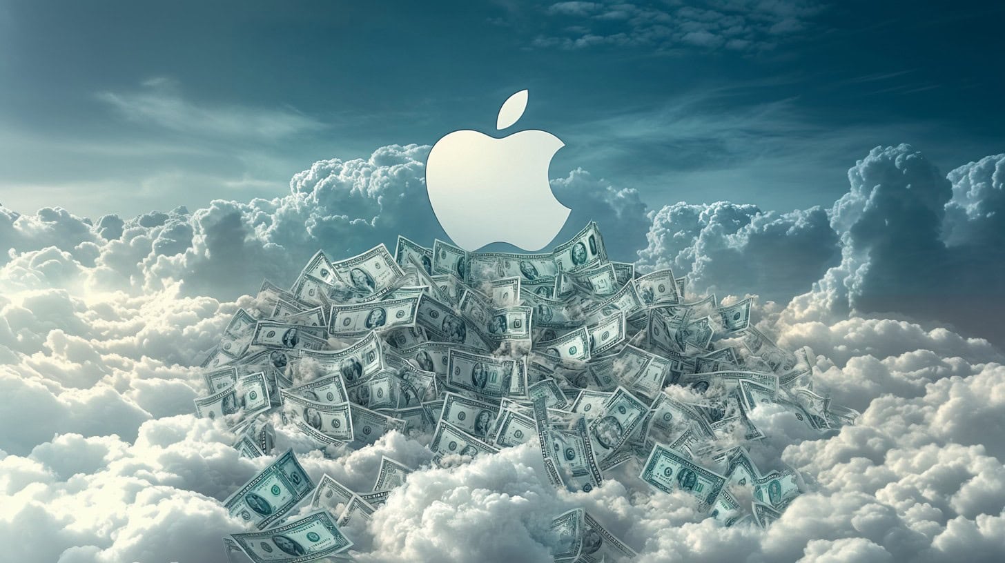 AI-generated image of the Apple logo floating in a sky filled with dollar bills.