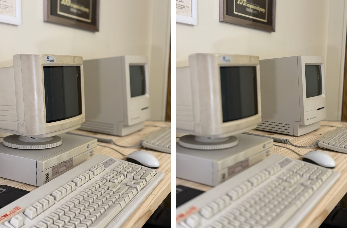 Comparison of two photos, each with two computers. In each photo, one is in focus and the other is blurry.