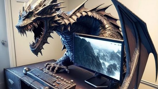 An enormous dragon sculpture sitting on a gaming PC setup