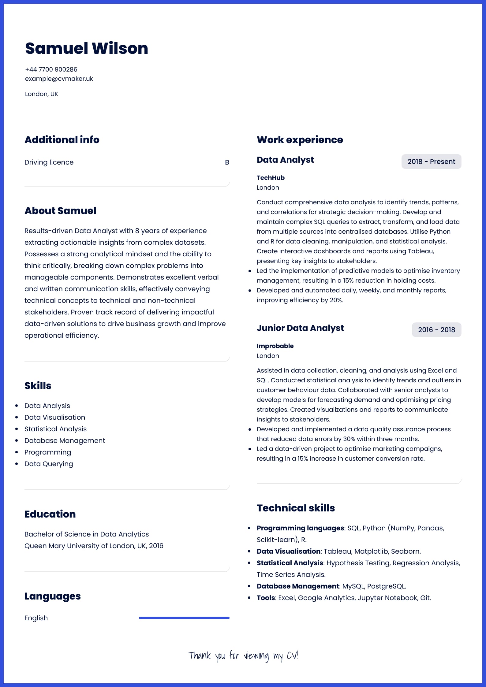 Blue template - Data analyst CV example