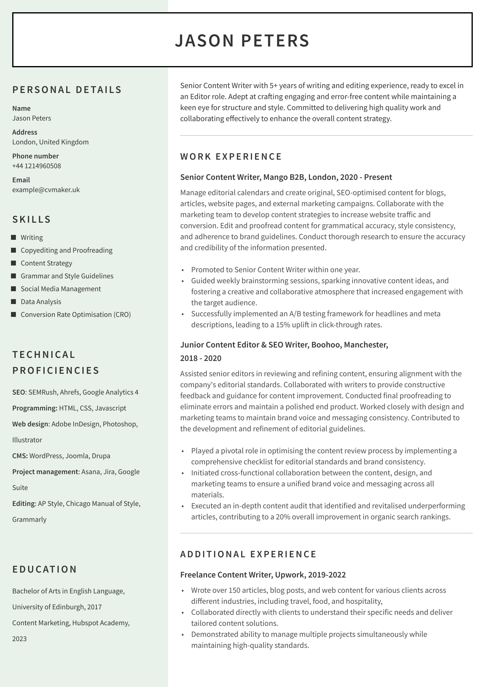 Writer CV Sample