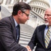 Mike Johnson, R-La., and Rep. Chip Roy, R-Texas, conclude a news conference on the Capitol Steps.