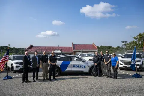 Cheltenham, MD (September 15, 2022) Homeland Security Deputy Secretary John Tien participates in the rollout of the Ford Mach-E for use by the Department of Homeland Security. During the rollout, the Deputy Secretary test drove the vehicle, as well as participated in an operational tour and employee engagement at the Federal Law Enforcement Training Center at Cheltenham, Maryland. (DHS Photo by Tia Dufour)