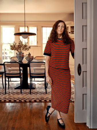 woman in red striped outfit