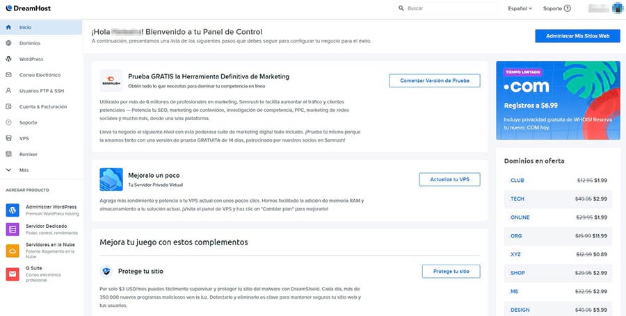 El panel de control DreamHost.