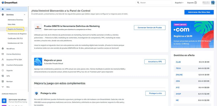 El enlace de Registro de Dominio en el panel de control de DreamHost.