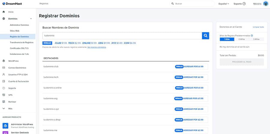 Registrando un nuevo dominio en el panel de DreamHost.