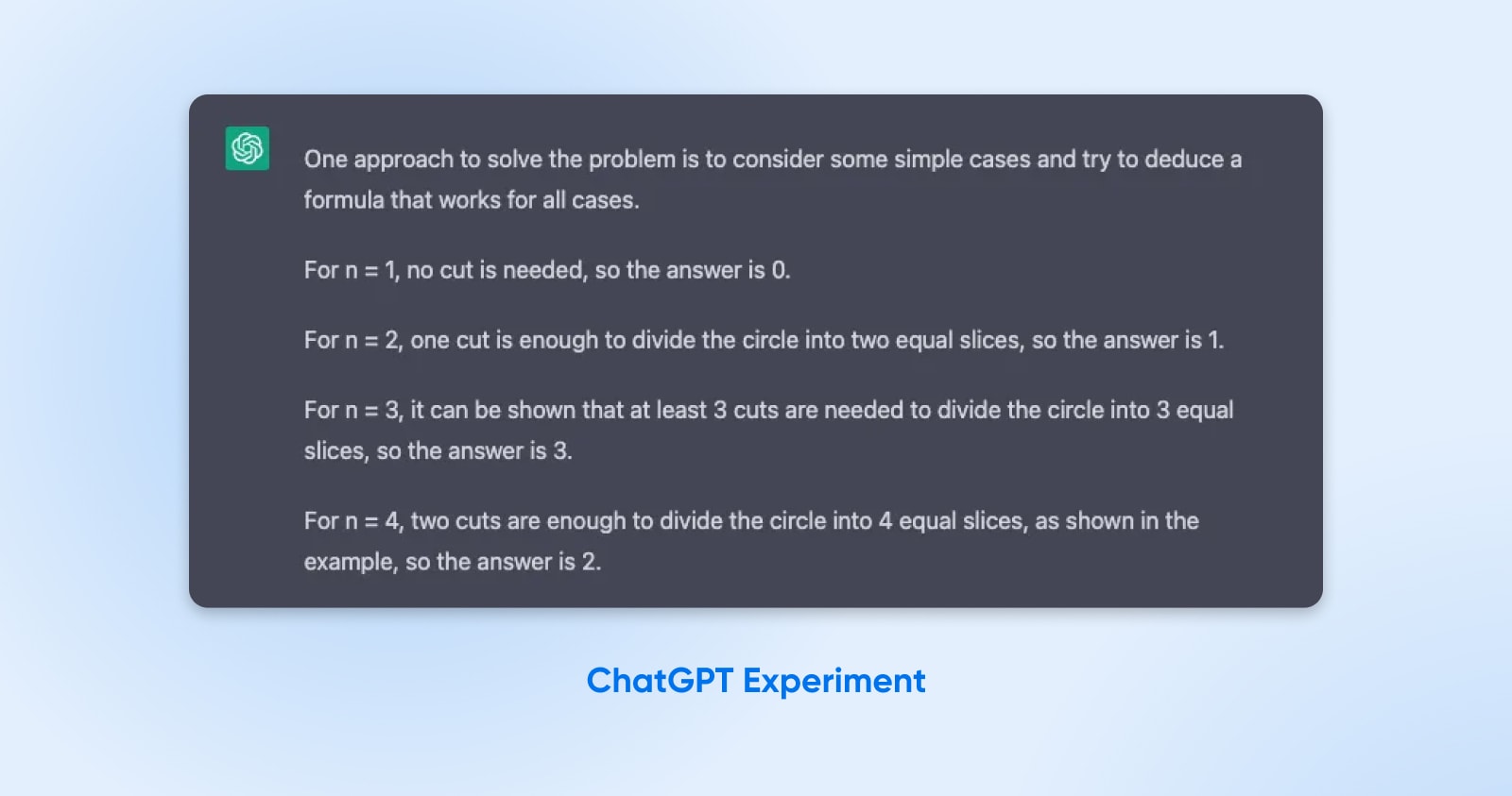 screenshot clip of ChatGPT response breaking down each line of code (for n-1, no cut is needed, so the answer is ) etc