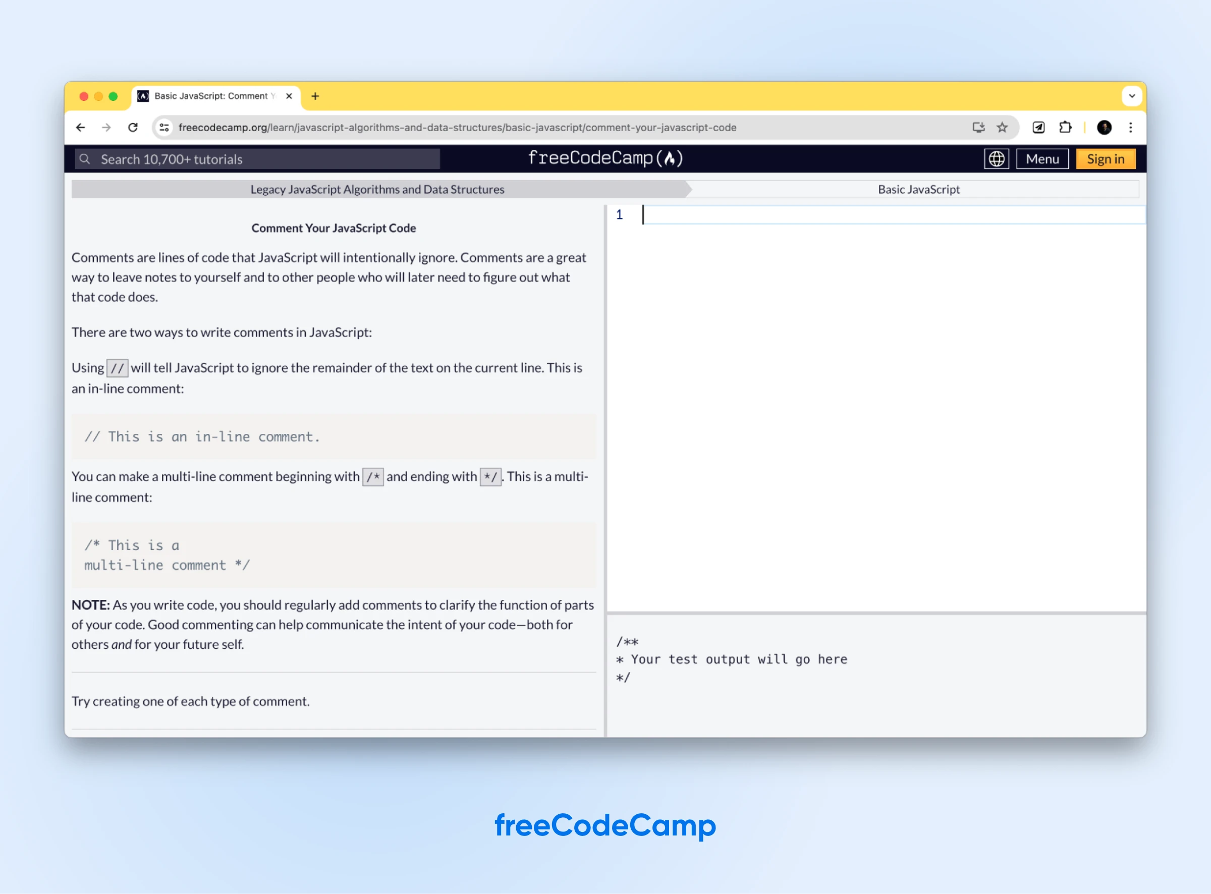 freeCodeCamp's Basic JavaScript tutorial with instructions on the left, and white space for the test output on the left.