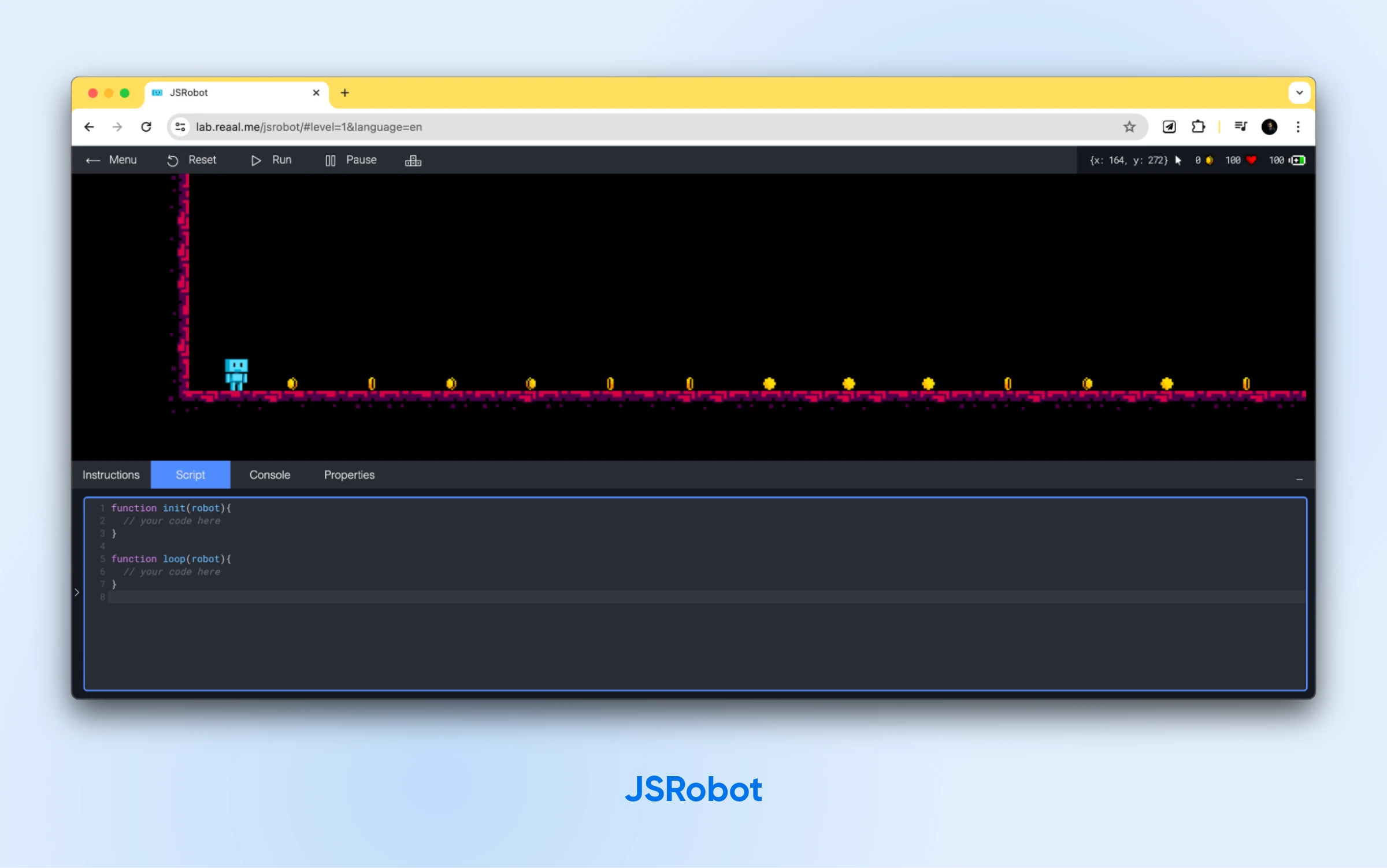 JSRobot opened to "Script" and a small blue robot standing at the start line with obstacles in front of it.