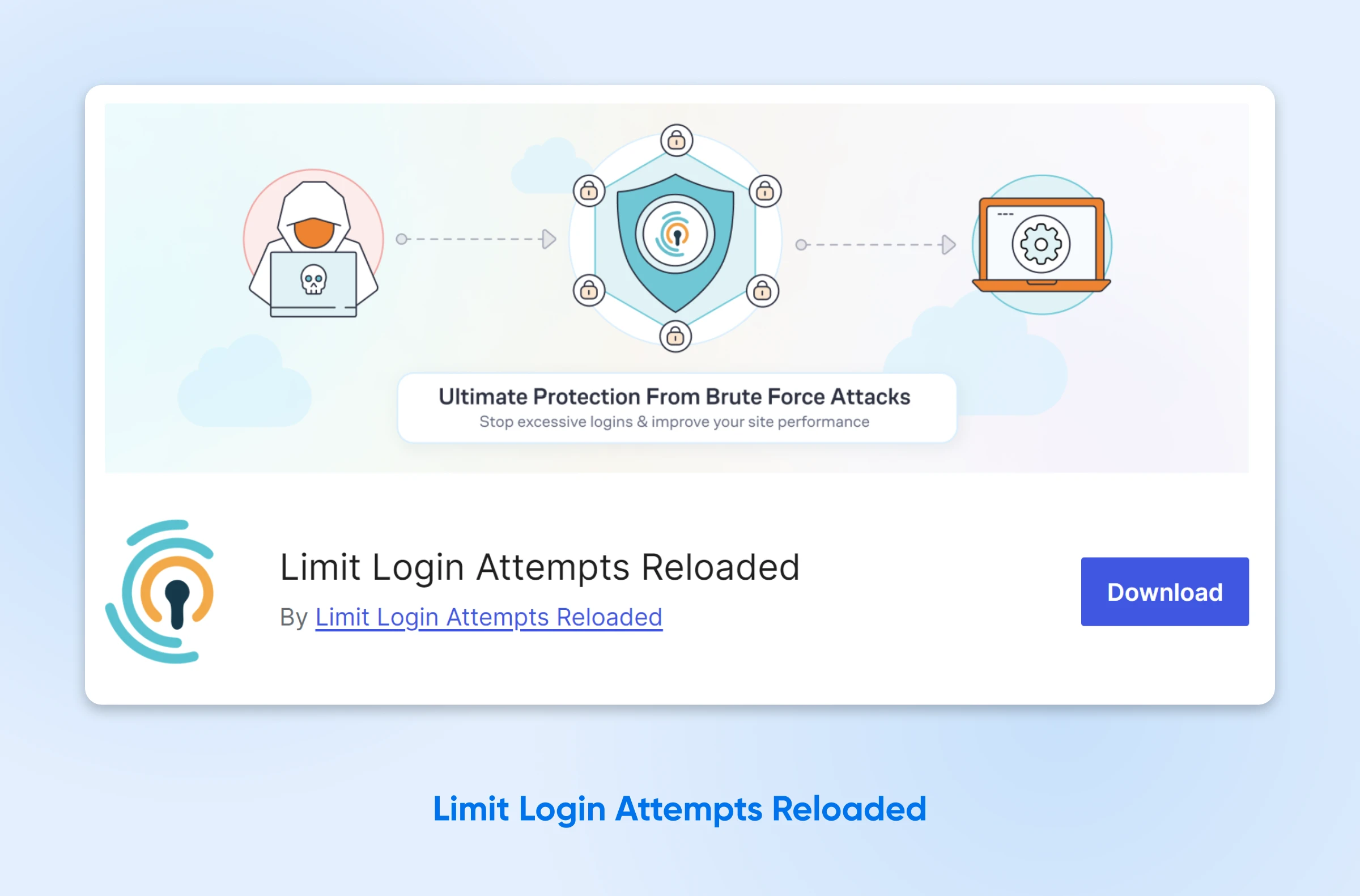 Illustration showing protection against attacks, with a shield icon surrounded by locks, and a download button for the plugin.