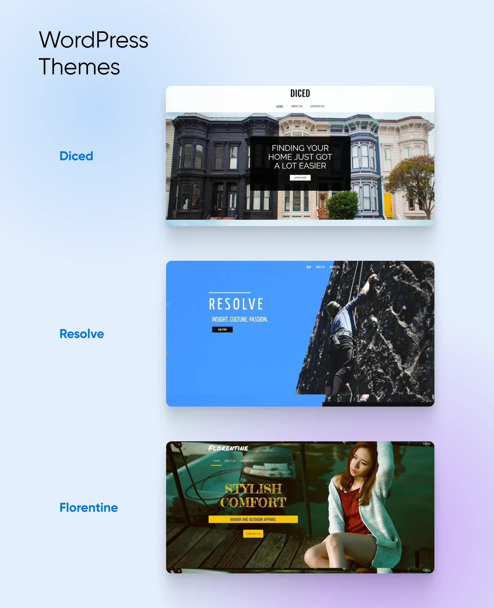 Images show previews of three WordPress themes: Diced, Resolve, and Florentine