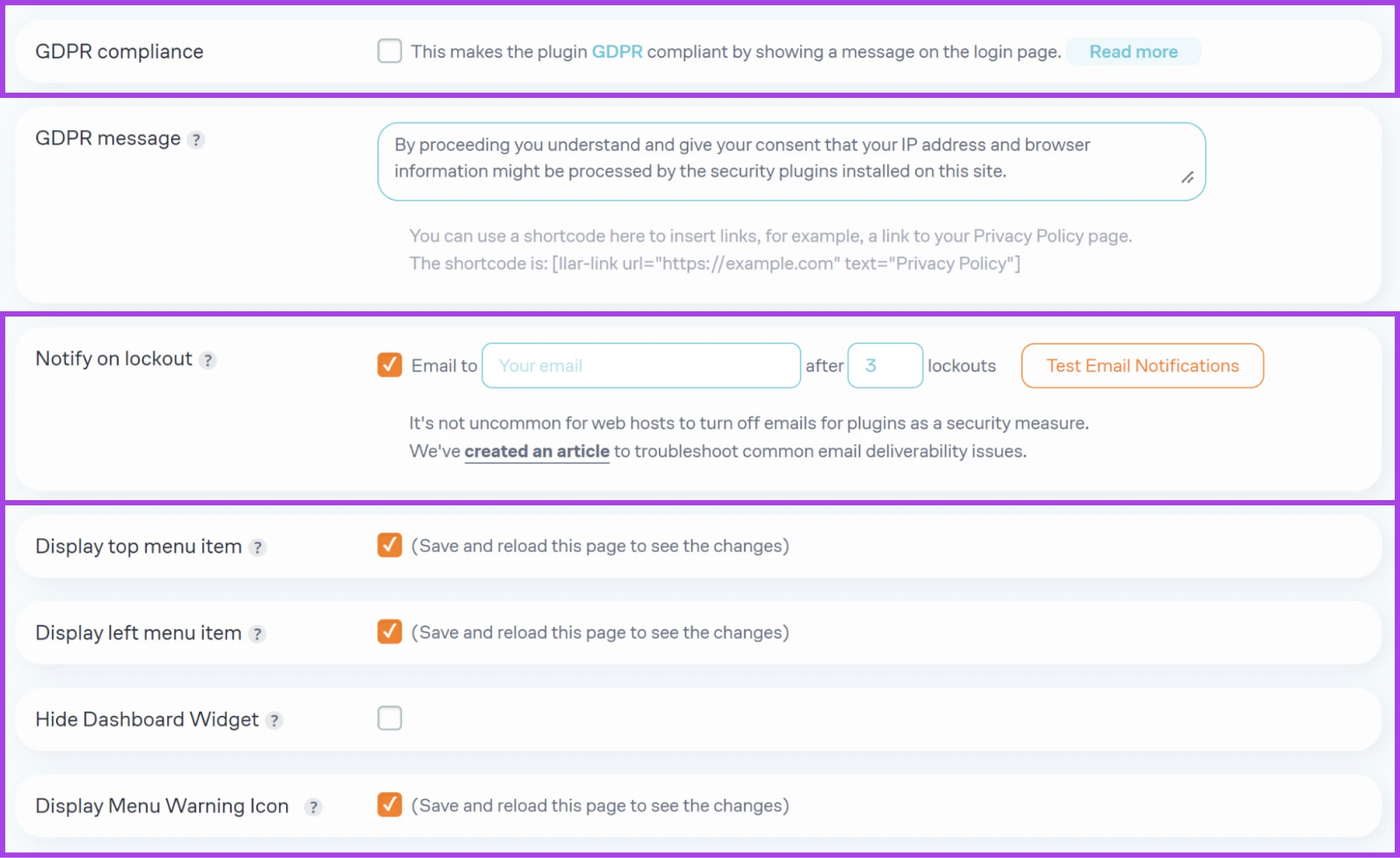 General settings with GDPR compliance, email alerts, menu options, security, warning icon, etc. highlighted. 