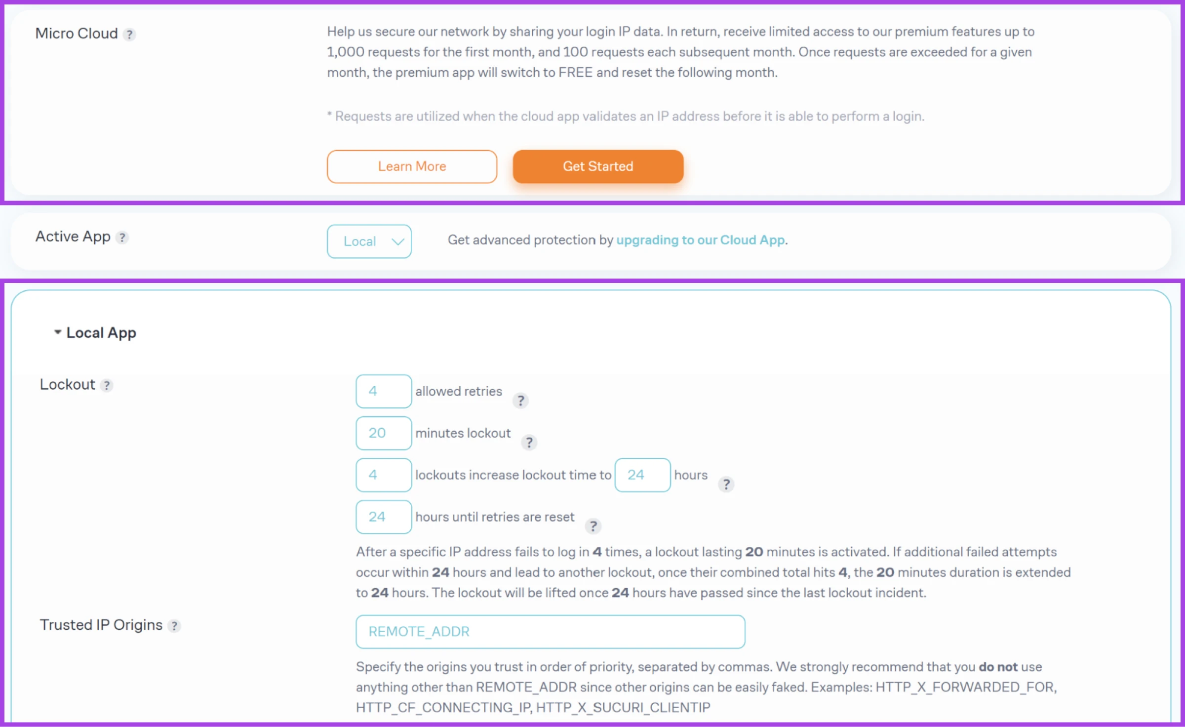 App Settings area showing options for "Micro Cloud," and "Lockout" and "Trusted IP Origins" under "Local App" toggle heading.
