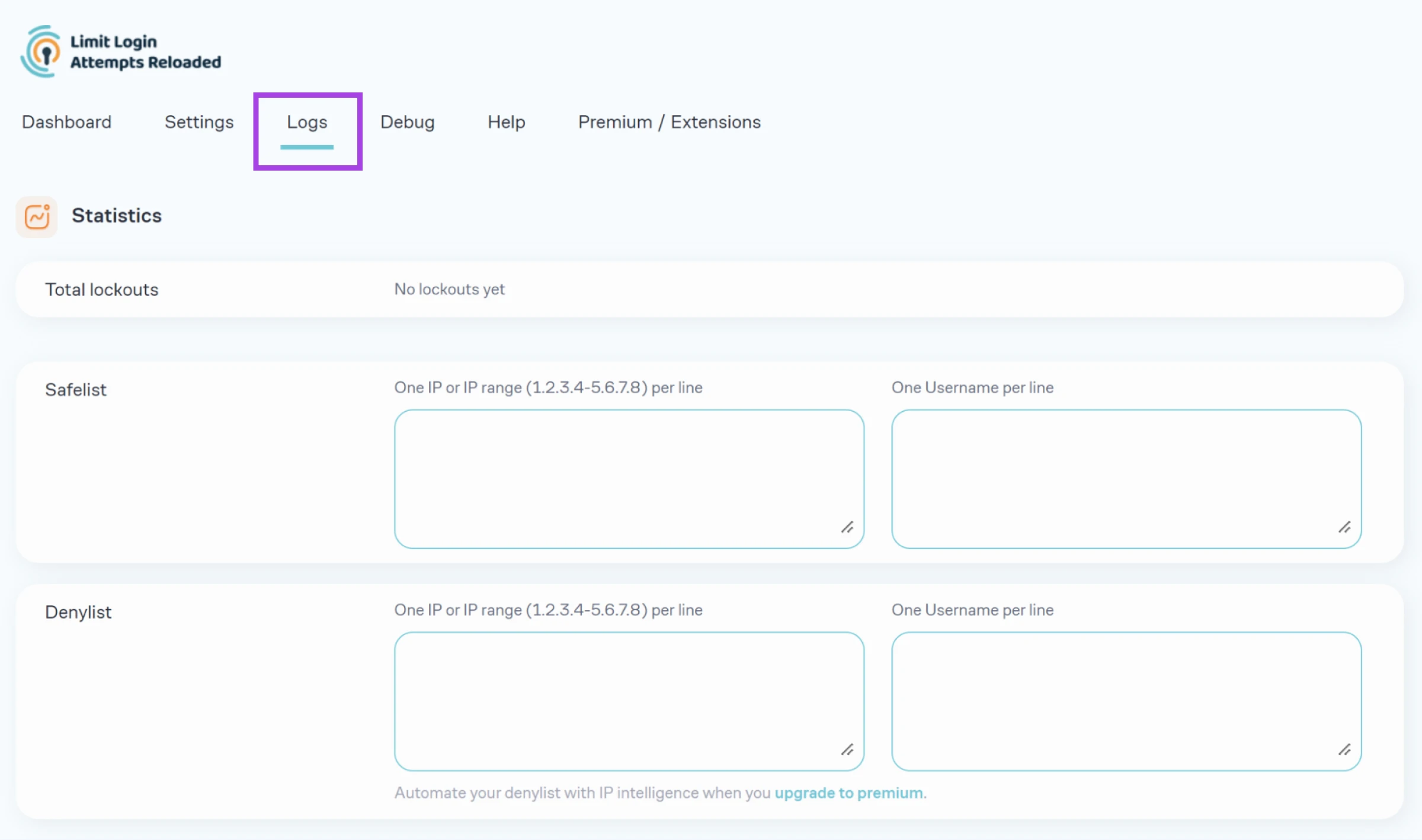 Dashboard of Limit Login Attempts Reloaded, with options to manage whitelists, blacklists, etc., and "Logs" highlighted.