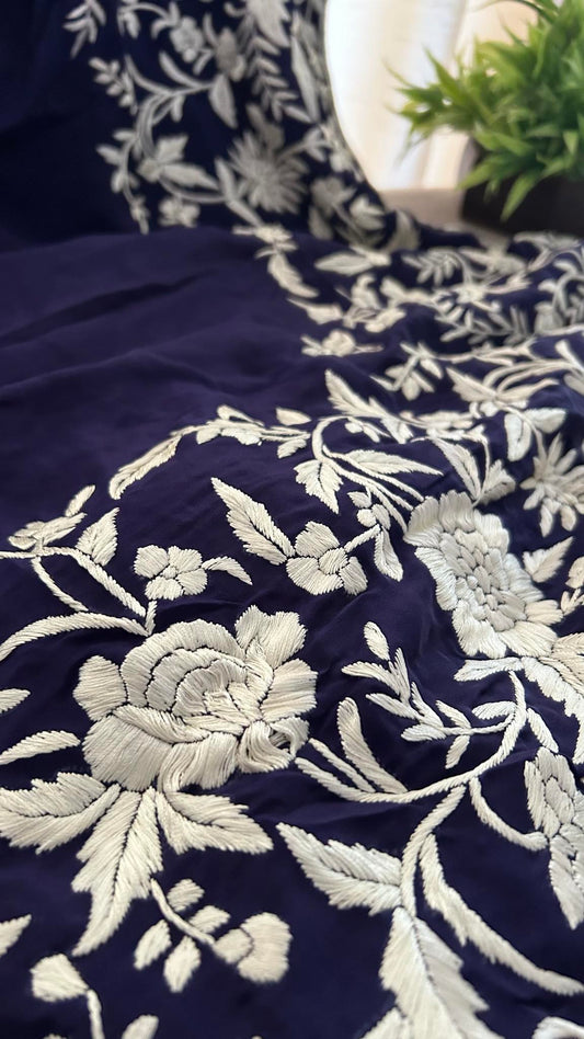 Designer Navy & Ivory Parsi Gara Saree