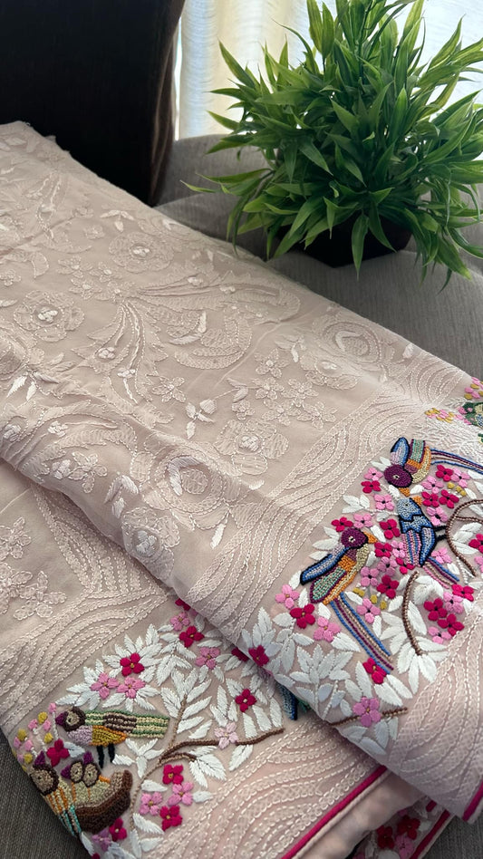 Pre Order Oyster Pink Parsi Gara & Chikankari Hand Embroidered Saree