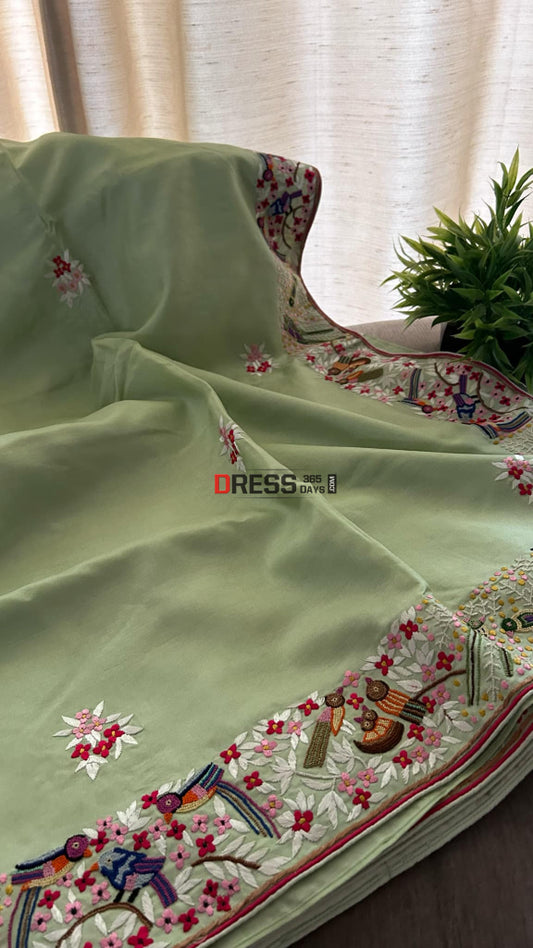 Exclusive Light Green Tussar Silk Parsi Gara Saree