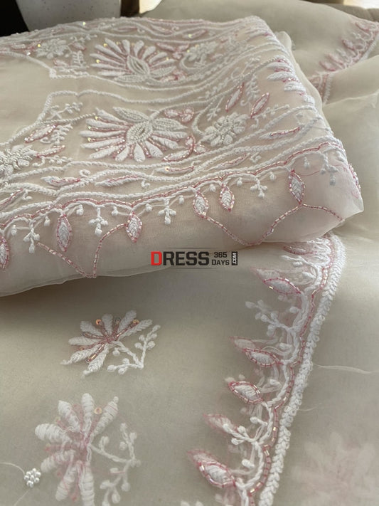 Ivory Organza Pearls & Cut Dana Chikankari Suit Suits