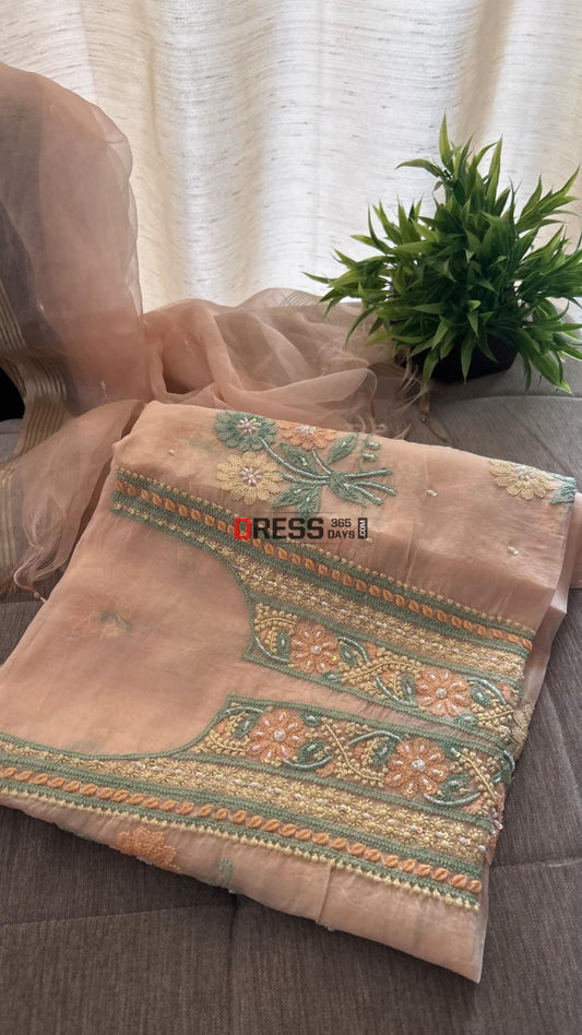 Light Peach Organza Pearls Chikankari Suit (Kurta & Dupatta) Suits