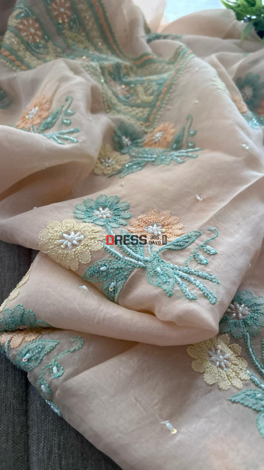 Light Peach Organza Pearls Chikankari Suit (Kurta & Dupatta) Suits