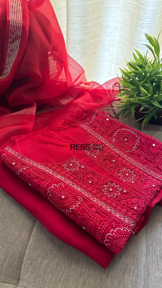 Maroonish Red Organza Chikankari Suit (Kurta & Dupatta) Suits