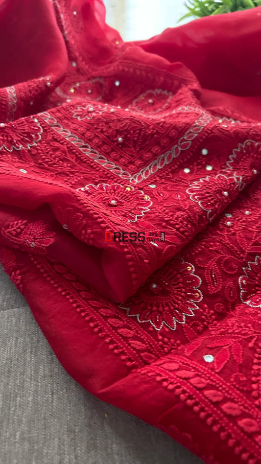 Maroonish Red Organza Chikankari Suit (Kurta & Dupatta) Suits