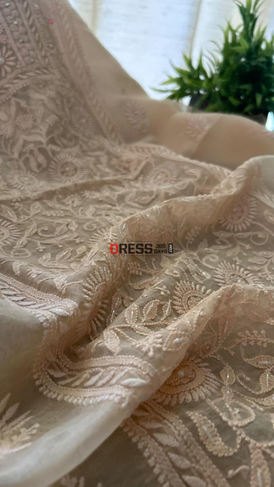 Peach Organza Mirror & Pearl Chikankari Suit (Kurta Dupatta) Suits