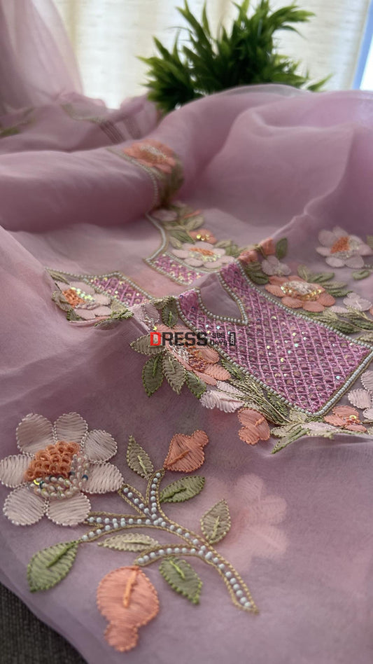 Pink Organza Pearls Multicolour Chikankari Suit Suits