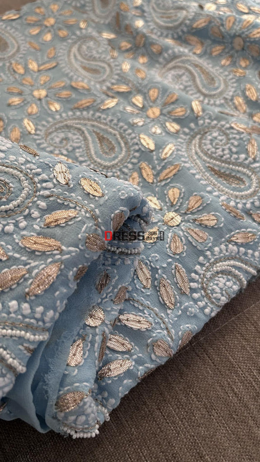 Powder Blue Pure Georgette Gota Patti & Pearl Chikankari Suit Suits