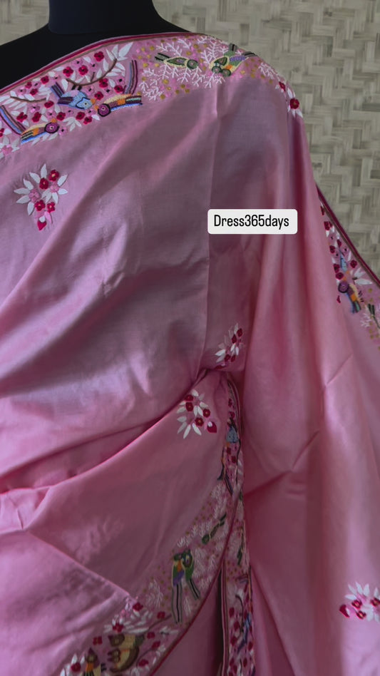 Exclusive Pastel Pink Tussar Silk Parsi Gara Saree