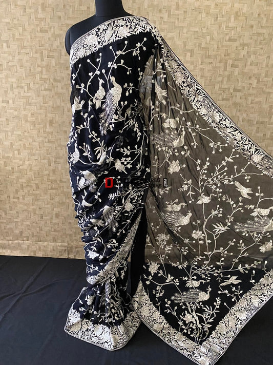 Black & Ivory Parsi Gara Saree