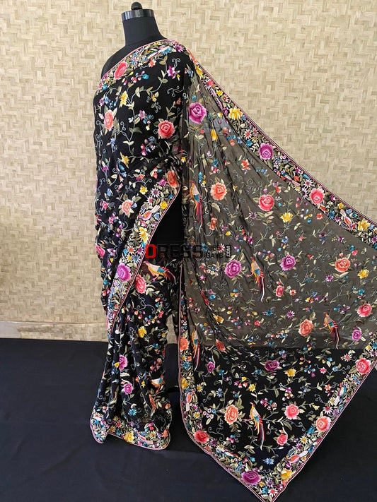 Black Parsi Gara Hand Embroidered Saree