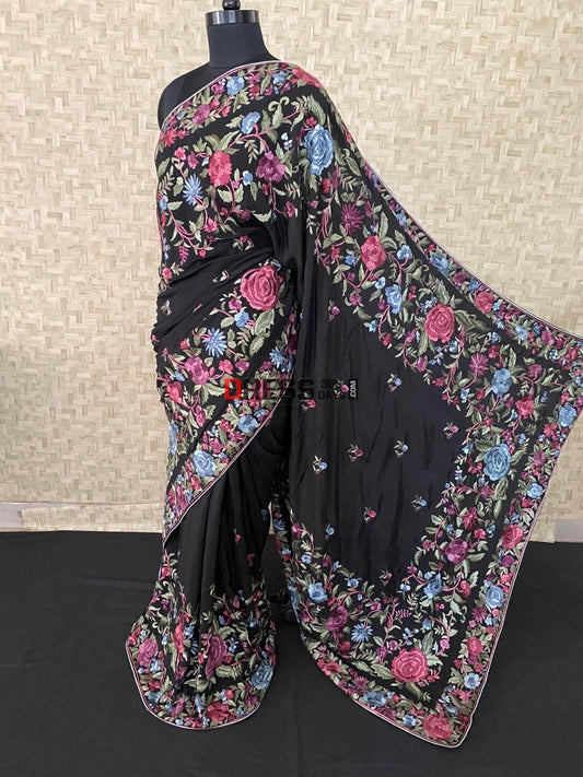 Black Parsi Gara Saree - Self Design Pure Crepe Silk