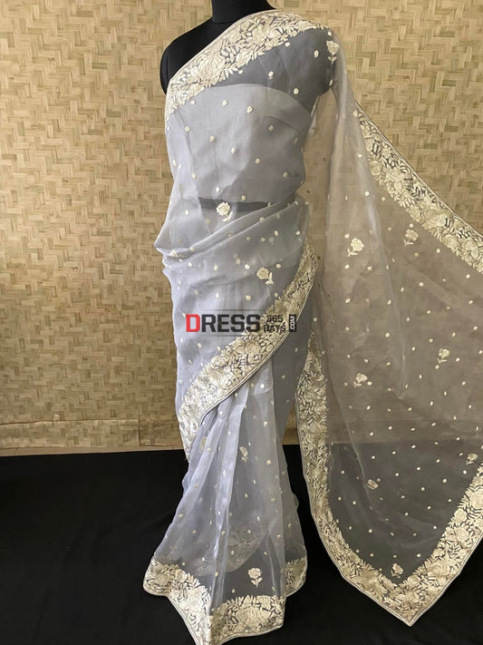 Designer Grey Organza Parsi Gara Saree