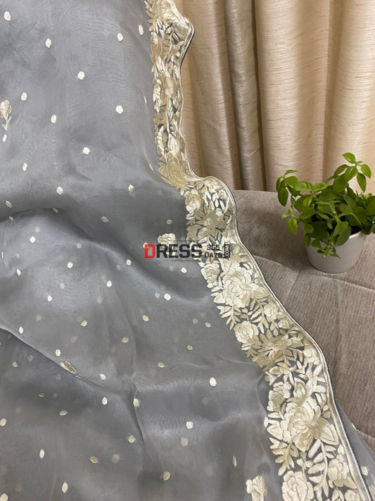 Designer Grey Organza Parsi Gara Saree