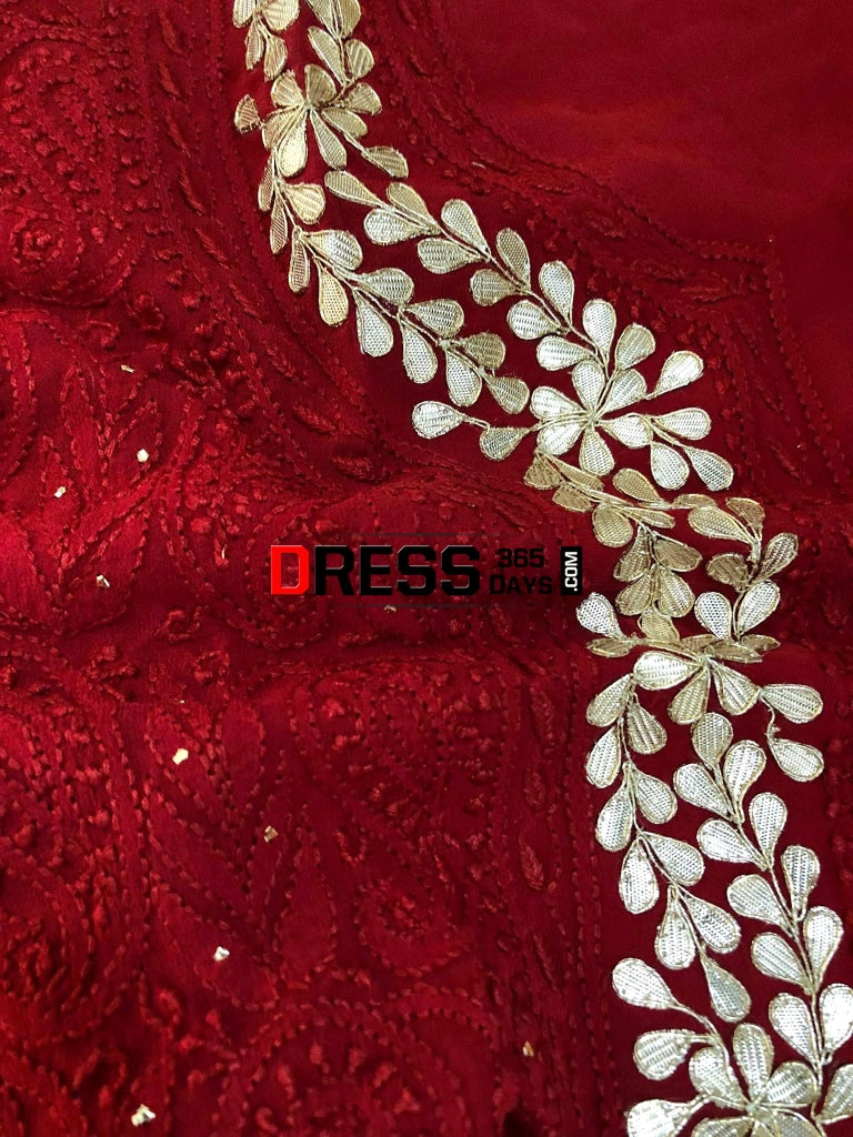 Hand Crafted Red Chikankari Suit With Gota Patti Neckline Suits