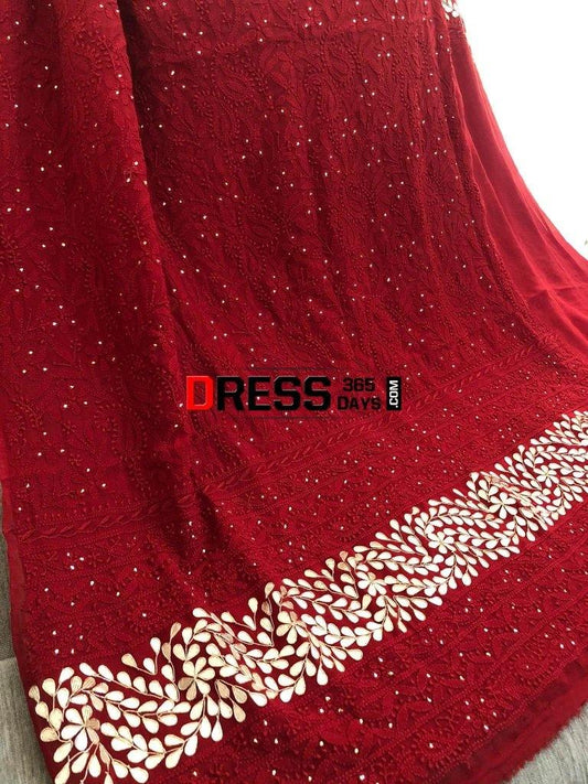 Red Chikankari Suit With Gota Patti Daman Suits