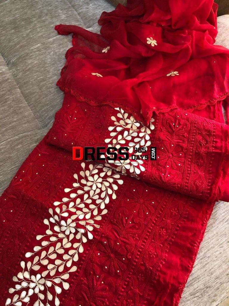 Red Chikankari Suit With Gota Patti Daman Suits