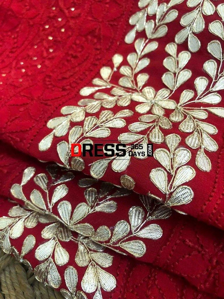 Red Chikankari Suit With Gota Patti Daman Suits