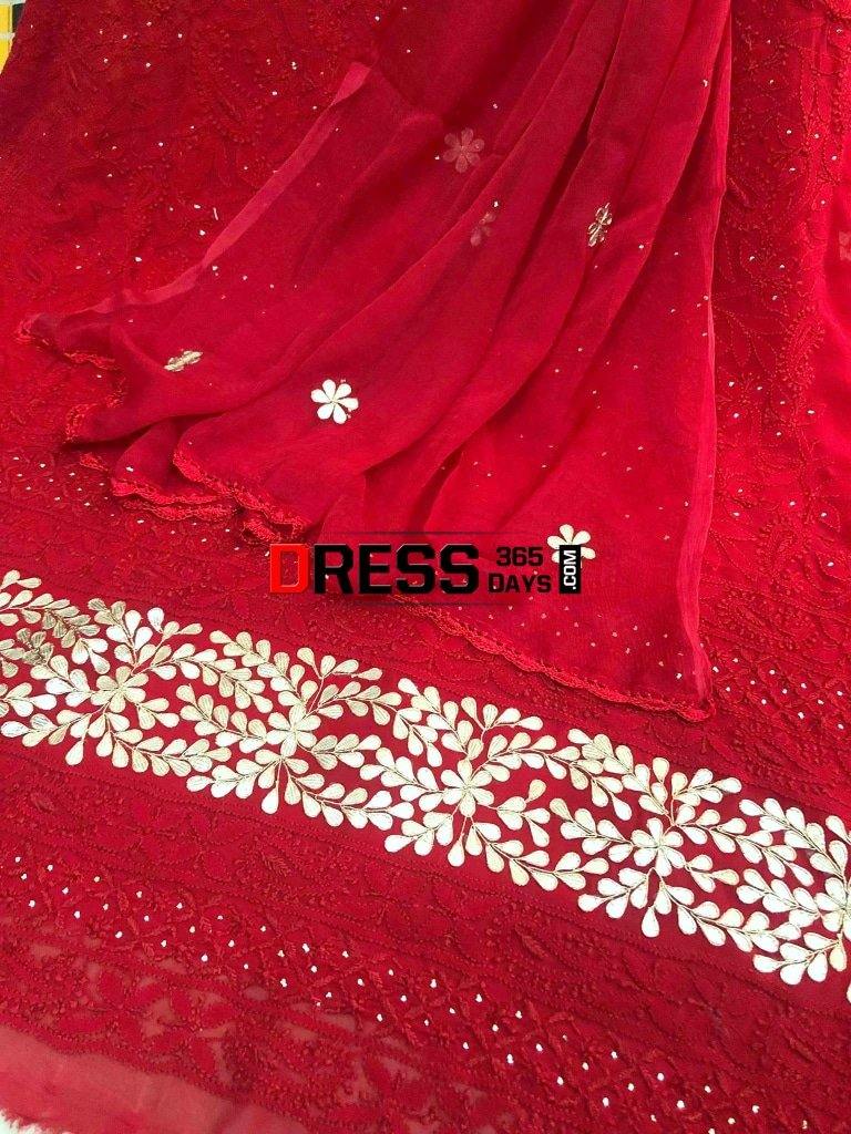 Red Chikankari Suit With Gota Patti Daman Suits