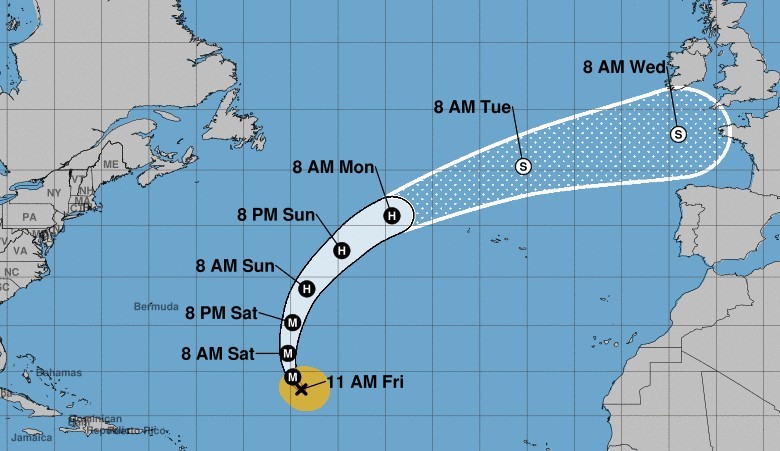 Hurricane Kirk's forecast cone as of 11 a.m. Friday. (National Hurricane Center/Courtesy)