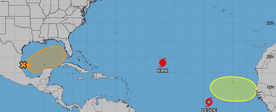 The locations of Hurricane Kirk, Tropical Storm Leslie and two unnamed systems at 2 p.m. Friday. (National Hurricane Center/Courtesy)