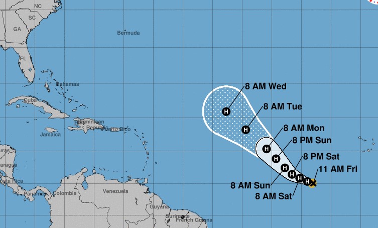 Tropical Storm Leslie's forecast cone as of 11 a.m. Friday. (National Hurricane Center/Courtesy)