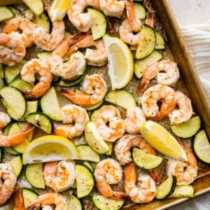 Shrimp scampi on a sheet pan.