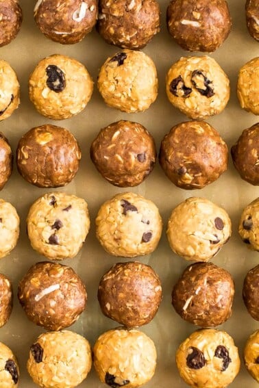 Parchment paper lined with protein balls.